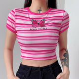 X00253M Factory outlet 2021 summer women tops Slim sexy butterfly casual stripe round neck T-shirt short sleeve top