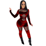 Velvet mesh spliced jumpsuit Sexy women's party clubwear Casual skinny solid color outfit Hot