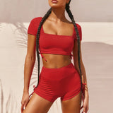 X30052S hot style 2021 summer new women's wear square collar short-sleeved back sexy sports suit women