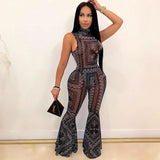 2020 New Arrival Women Transparent Sleeveless Jumpsuit Flare Mesh Rompers Sexy Bodycon Jumpsuit