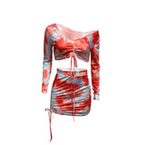 X00638M stylish two-pieces drawstring suit Tie-dye print pleated long sleeve two-piece set