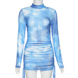 sexy skinny mesh mini bodycon dress tie dye bandage summer fashion female outfit dresses for women long sleeve