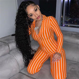 Women Long Sleeve V Neck Stripe Bodycon Jumpsuit Female Sexy Slim Casual Playsuits Clubwear Outfits