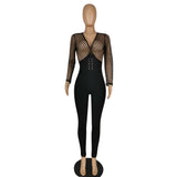 New arrival hot sale women jumpsuits+Fashion mesh spliced deep lady's jumpsuit