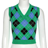 X00530L Phoenix New style print top+V-neck sleeveless stylish contrast checked slim and temperament-friendly knit