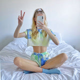 X00185M 2021 new style Fashion women's new sexy navel round collar casual loose tie-dye printed T-shirt shorts set