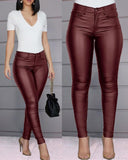 X01926C Solid Women Faux Leather Pant Side Slit Pencil Trousers Streetwear Elegant High Waist Office Lady Vintage Leisure Pants