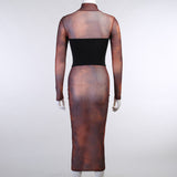 Aesthetic Print Mesh Corset Bodycon Maxi Dresses Long Sleeve Women Sexy Hot See Through Clubwear Party Dress Brown Fall