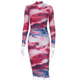 2020 print tie dye long sleeve colorful sexy midi dress women bodycon party streetwear outfits