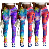 X01630C Phoenix Tie Dye Print Drawstring Side Pockets Stacked Pants Women Bottom Ribbed Knitted Colorful Stretchy Autumn Casual