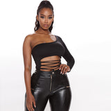 X00243L 2021 Autumn fashion women bodysuits+One-shoulder long sleeve hollowed-out sexy bodysuits