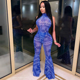 2020 New Arrival Women Transparent Sleeveless Jumpsuit Flare Mesh Rompers Sexy Bodycon Jumpsuit