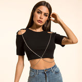 X00069S 2021 Pure color pit sexy hollow out chain slim womens crop top tshirt