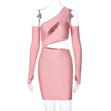 2020 autumn winter new sexy oblique shoulder hollowed-out long sleeve finger dress women in stock