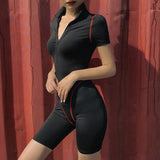 Black Bodycon Playsuit Women Bodysuits Fitness Active Wear Sexy Jumpsuit Zip Up Club Romper Jumpsuits Biker Shorts