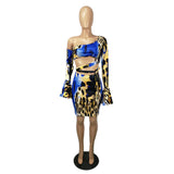 buttock sexy autumn dress Sexy fashion dress with flared sleeve print set Blue hollowed-out sexy dresses