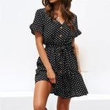 Ruffle Trim Sashes Women Dress Summer Short Sleeves Dot Print Casual Girls Sweet Cute Mini Dresses