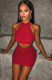 Fashion two piece set women clothing sexy club party backless crop tops and pencil mini skirt 2 pieces outfits