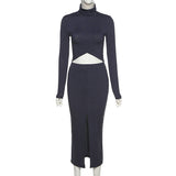 X00581V New 2021 autumn/winter high-necked long-sleeved T-shirt high-waist hip-slit skirt casual suit