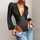 X02033C Black Deep V Neck Bodysuit Women Sexy Puff Sleeve Bodycon Jumpsuit Solid Elastic Casual Party Winter Bodysuits Body Top