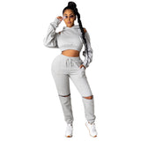 2021 New hooded ripped off-the-shoulder hoodie sexy long-sleeved sports suit casual jogging suit stacks plus size