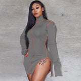 2021 HOT SALE Summer new long-sleeved split stitching linehigh-necked sexy dress