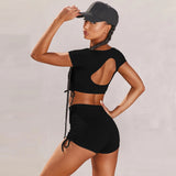 Women Open Back Sexy 2 Piece Set Sport Suit Gym Clothes Fitness Top Shirt High Waist Biker Shorts Sportswear