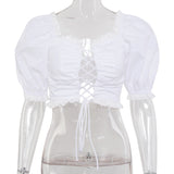 X00187L Hot in summer New women's tops +Sexy square-collar top with lace trim+Puff top with short sleeves