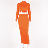 X01118M 2021 Autumn fashion casual suit for women long-sleeved tops and high-waisted skirt Solid color two pieces suit