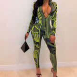 2021 Fall sexy tight striped print zipper jumpsuit