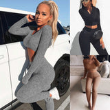 X01933C V Neck Knitted Tracksuit Two Piece Set Autumn Winter Long Sleeve Crop Tops And Long Tight Pants 2 Piece Outfit For Women