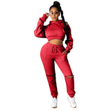 2021 New hooded ripped off-the-shoulder hoodie sexy long-sleeved sports suit casual jogging suit stacks plus size