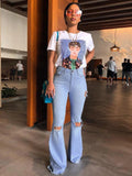 X00713S Nostalgic high-waisted retro stretch lift hip tear tear personality wide leg bell-bottom jeans mop the floor pants