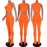 X00089L Fashion character style women two-piece sets stand collar sleeveless crop top & long pants solid color tight sport suits