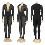 2020 autumn/winter new fashion sexy casual bodycon Women's sexy mesh perspective slim long sleeve jumpsuit