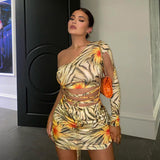 2020 Foreign Trade Autumn/winter one-sleeved sexy fashion print slim dress