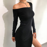 2020 New irregular sexy oblique shoulder-split bag hip high waist MIDI dress black in stock