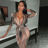 2020 long sleeve print V-neck bandage sexy long dress women party elegant outfits streetwear