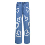 X00923M 2021 New style High-waisted slimming love graffiti print straight tube casual street style jeans in stock