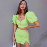 X00145M Fashion sexy slim suit 2021 summer women new crop top temperament skirt puff sleeve and split skirt 2 pieces set