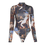 X00456L Fashion women bodysuits+Long sleeve fashion print slim sexy onesie