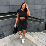 Sexy 2 Piece Sets Crop Tops And Biker Shorts Bodycon Matching Set Fitness Summer Women Clothing