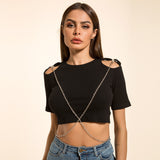 X00069S 2021 Pure color pit sexy hollow out chain slim womens crop top tshirt