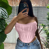 X00105M women fashion gauze corset crop top club party evening clothes Sexy Tee Shirt Summer