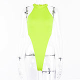 X30030S spring/summer 2021 women's clothing new sexy cut shoulder slim high collar with fluorescent multi-color bodysuit