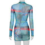 Phoenix Tie Dye Colorful Mesh See Through Print Mini Dress Women Turtleneck Long Sleeve Skinny Bodycon Casual Streetwear