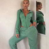 X01419C Cotton Solid Matching Sets 2021 Autumn Full Sleeve Zipper Tops+Pants Outfits Fashion Fitness Casual Two Piece Set Women