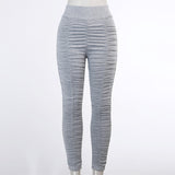 X01912C Fall Winter Ruched Sporty Stacked Leggings Women Mid Waist Casual Fashion Bodycon Pencil Pants Skinny Grey Long Trousers