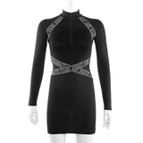 2020 New Monogrammed zipper slim dress with high collar sexy knit skirt casual black dress in stock