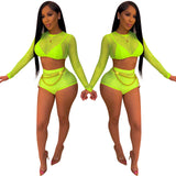 X00074L Sexy gauze see-through women two-pieces sets long sleeve backless crop top and hot pants solid color fashion club suits